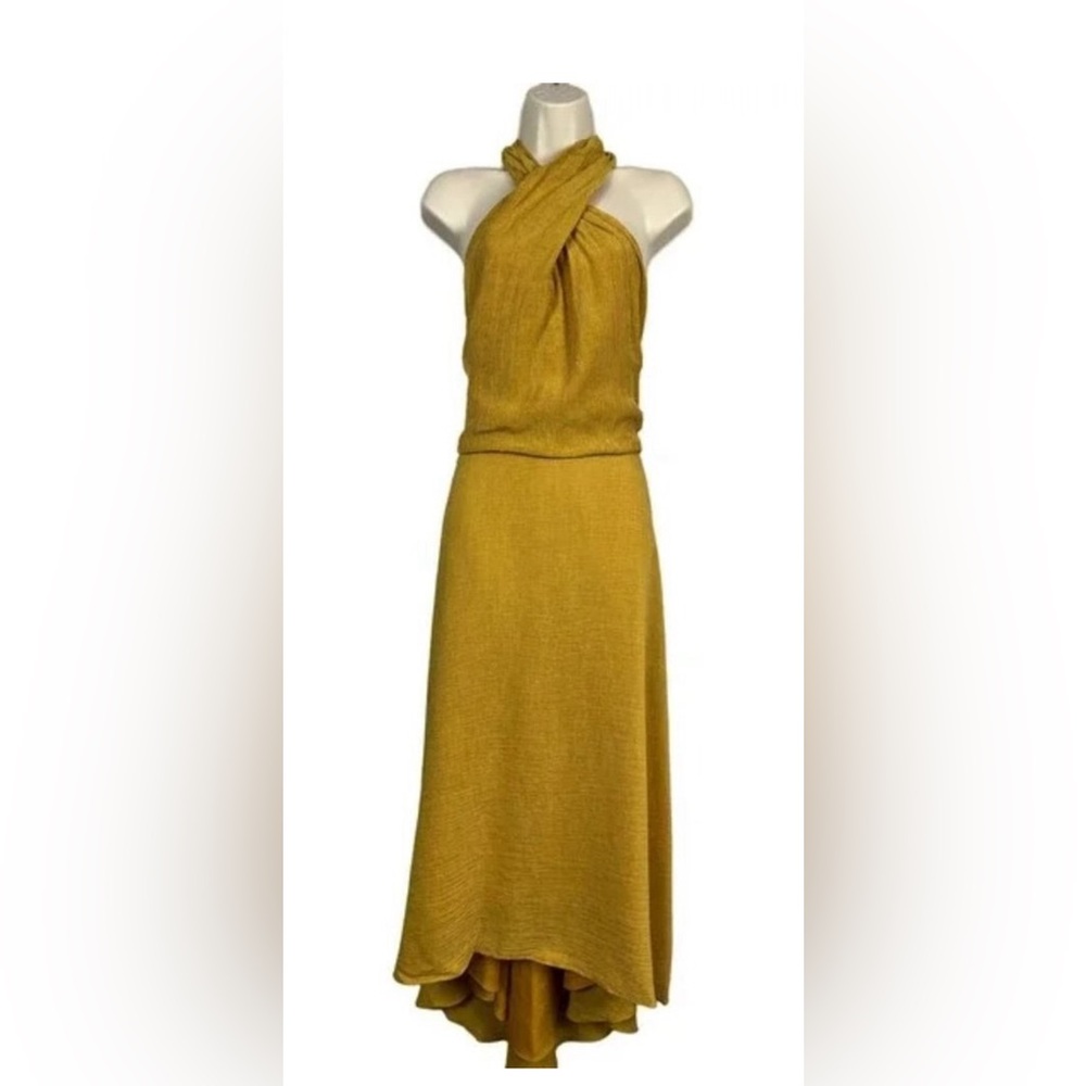 NWT Halston Halter Dress Gown Maxi Mustard Gold Formal Flirty Size 10